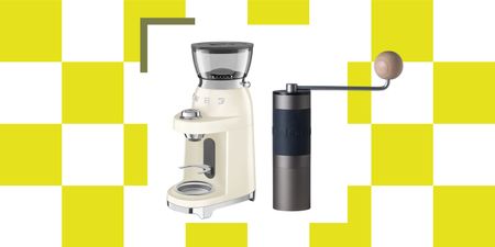 A cutout of a cream Smeg coffee grinder next to a cutout of a gray and black KIN manual coffee grinder on yellow and white checkerboard background.