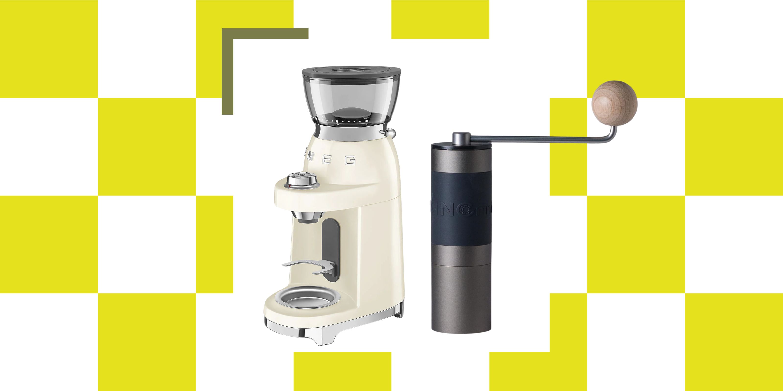 A cutout of a cream Smeg coffee grinder next to a cutout of a gray and black KIN manual coffee grinder on yellow and white checkerboard background.