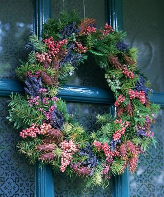 pink and purple natural Christmas wreath with lavender