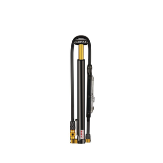 A black and gold mini pump on a white background