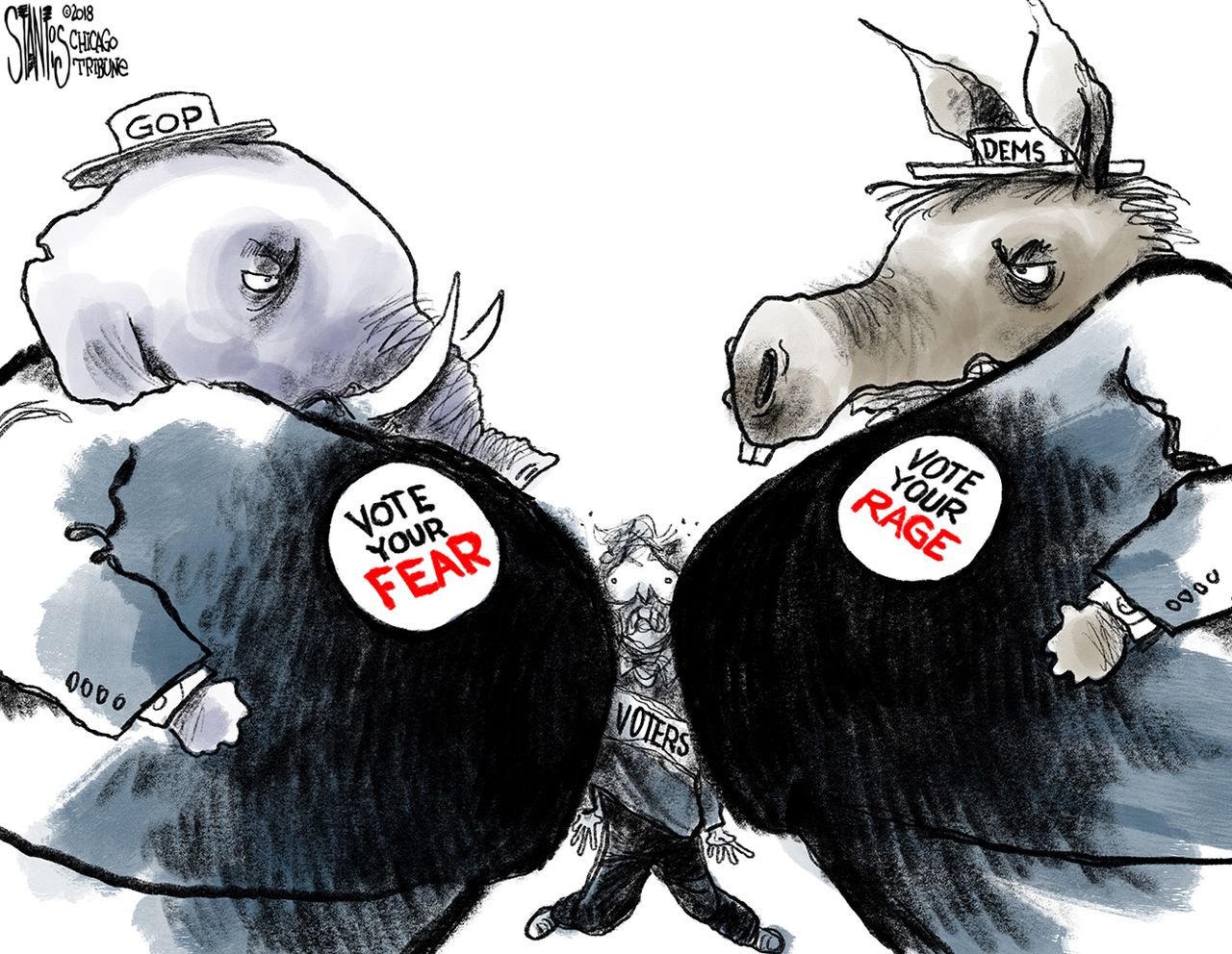 Political cartoon U.S. midterm elections Republicans fear Democrats rage vote