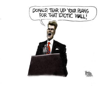 Political cartoon U.S. Reagan Trump border wall