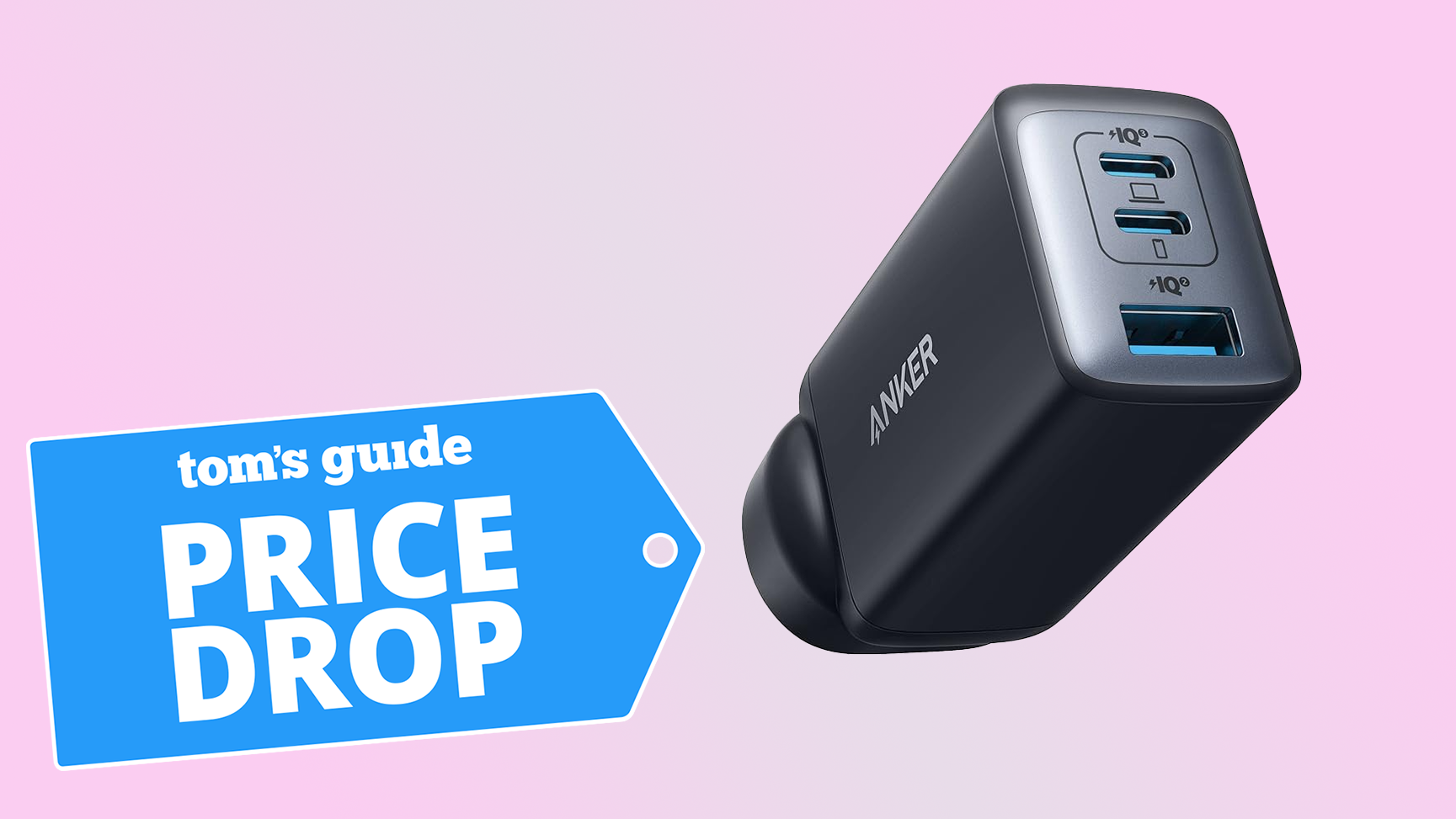Anker Nano 2 charger on pink gradient background with tom's guide deal badge