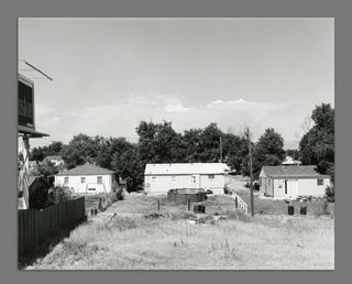 A black and white photograph showing the back gardens and back of houses