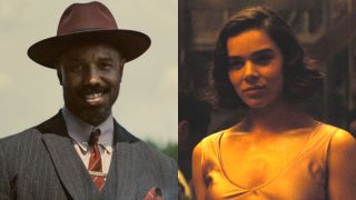 A grinning Michael B. Jordan, pictured next to an image of Hailee Steinfeld smiling on the dance floor, both from Sinners.