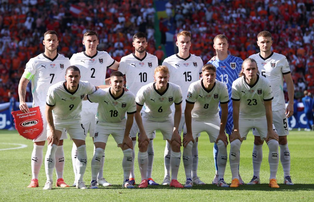 Austria Euro 2024 squad Patrick Pentz, Alexander Prass, Philipp Lienhart, Maximilian Woeber, Stefan Posch, Florian Grillitsch, Marcel Sabitzer, Nicolas Seiwald, Romano Schmid, Marcel Sabitzer, Patrick Wimmer of Austria pose for a team photograph prior to the UEFA EURO 2024 group stage match between Netherlands and Austria at Olympiastadion on June 25, 2024 in Berlin, Germany. (Photo by Alex Livesey/Getty Images)