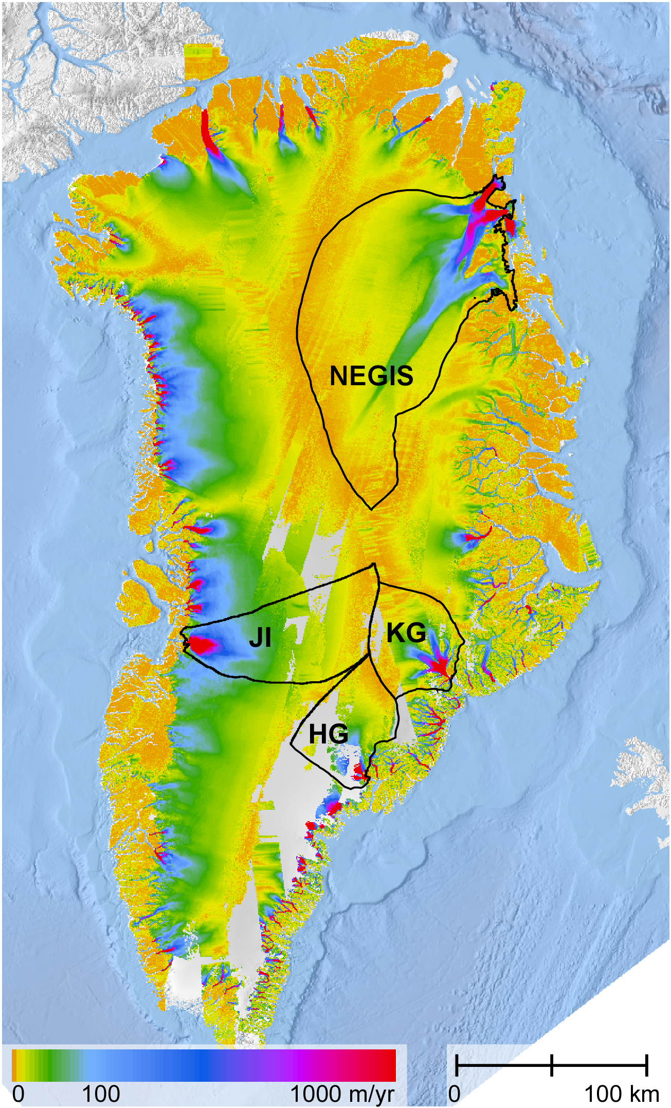 Major ice drainages in Greenland overlain on a map of measured ice surface velocities. The northeast Greenland ice stream (NEGIS), Jakobshavn Isbræ (JI), Helheim Glacier (HG) and Kangerdlugssuaq (KG) catchments are shown.