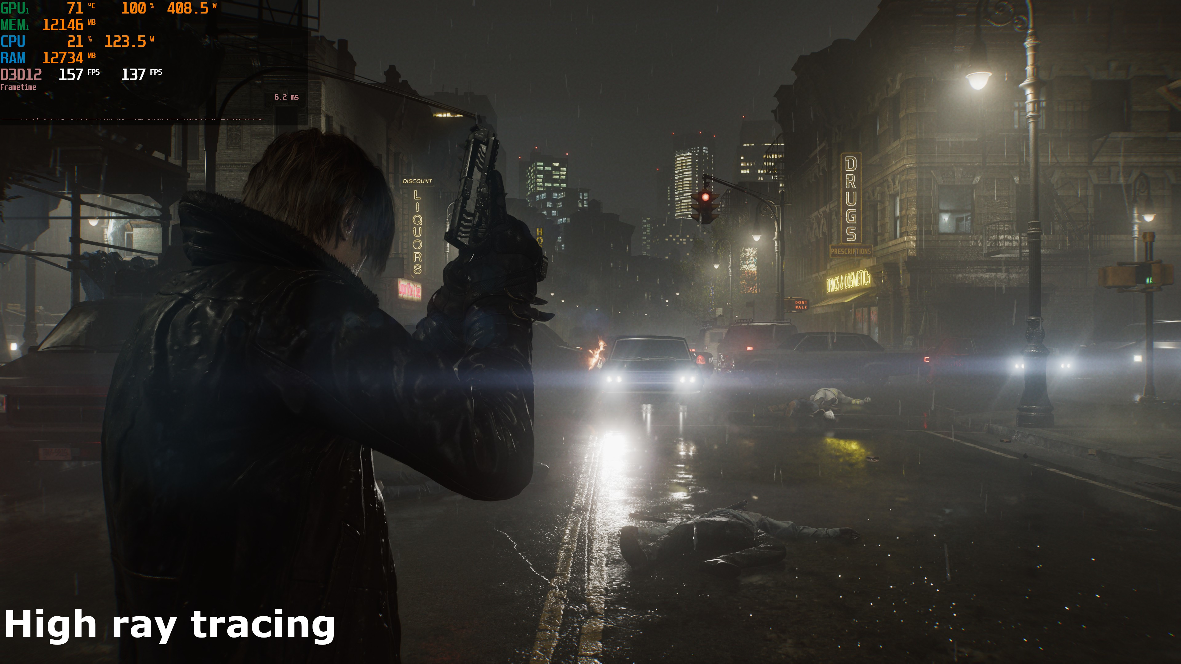 A screenshot of the PC version of Capcom's Resident Evil Requiem, showing the impact of the use of ray/path tracing on lighting and shadowing
