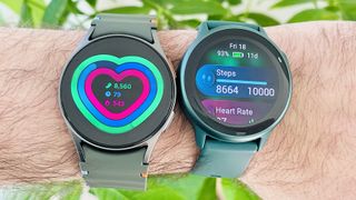 Close-up of the Samsung Galaxy Watch 7 on a user's wrist next to the Garmin Vivoactive 6