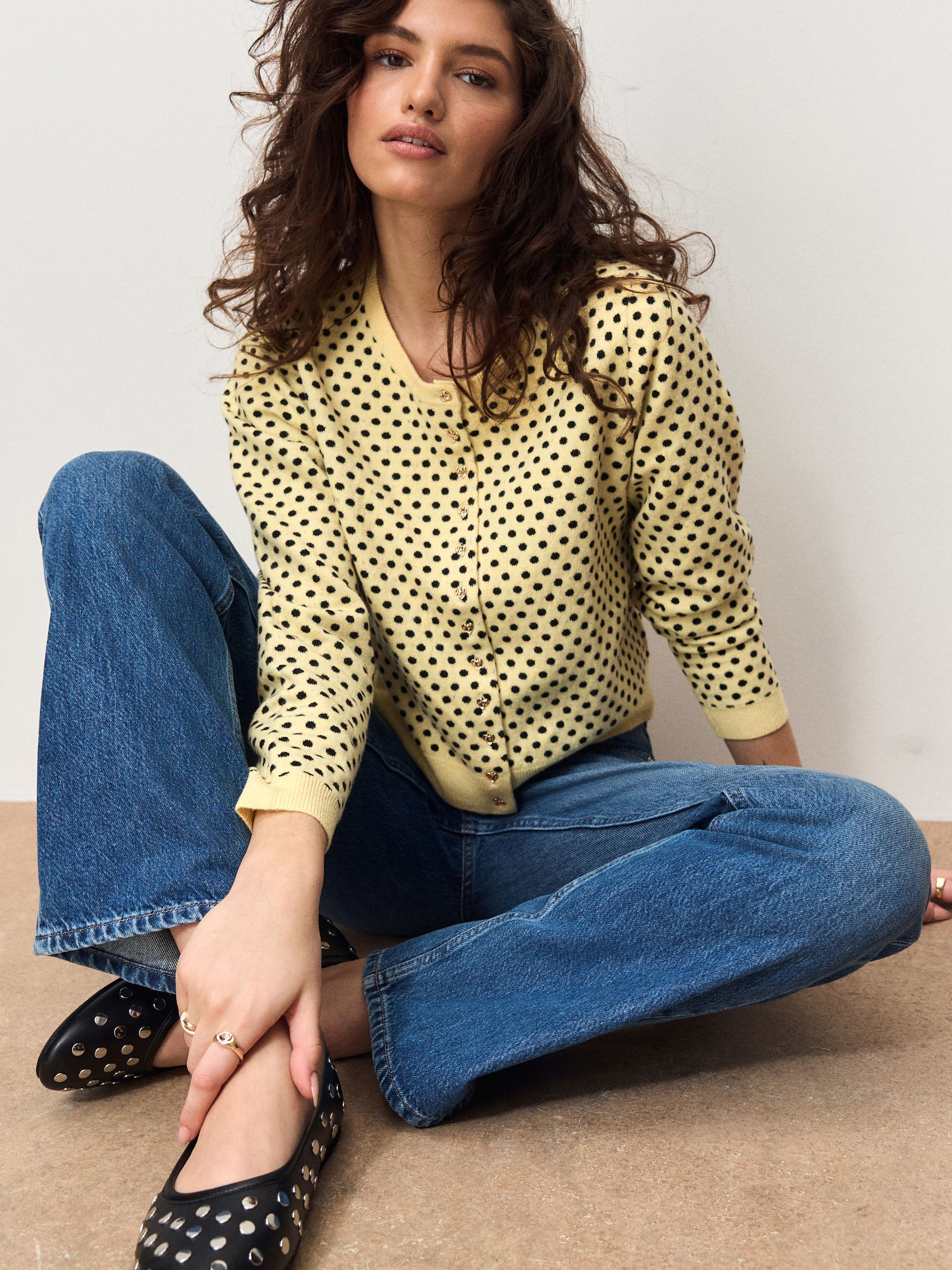 Yellow Polka Dot Slim Supersoft Crew Neck Cardigan With Wool