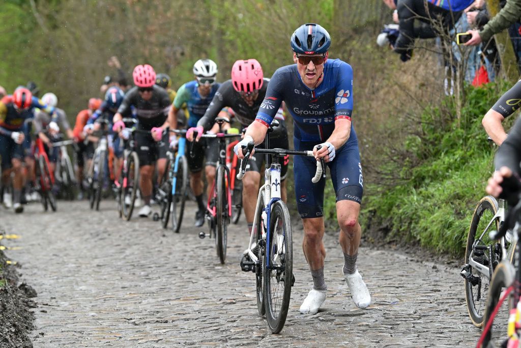 OUDENAARDE BELGIUM MARCH 31 Stefan Kung of Switzerland and Team Groupama FDJ competes passing through the Taaienberg cobblestones sector during the 108th Ronde van Vlaanderen Tour des Flandres 2024 Mens Elite a 2708km one day race from Antwerpen to Oudenaarde UCIWT on March 31 2024 in Oudenaarde Belgium Photo by Dario BelingheriGetty Images