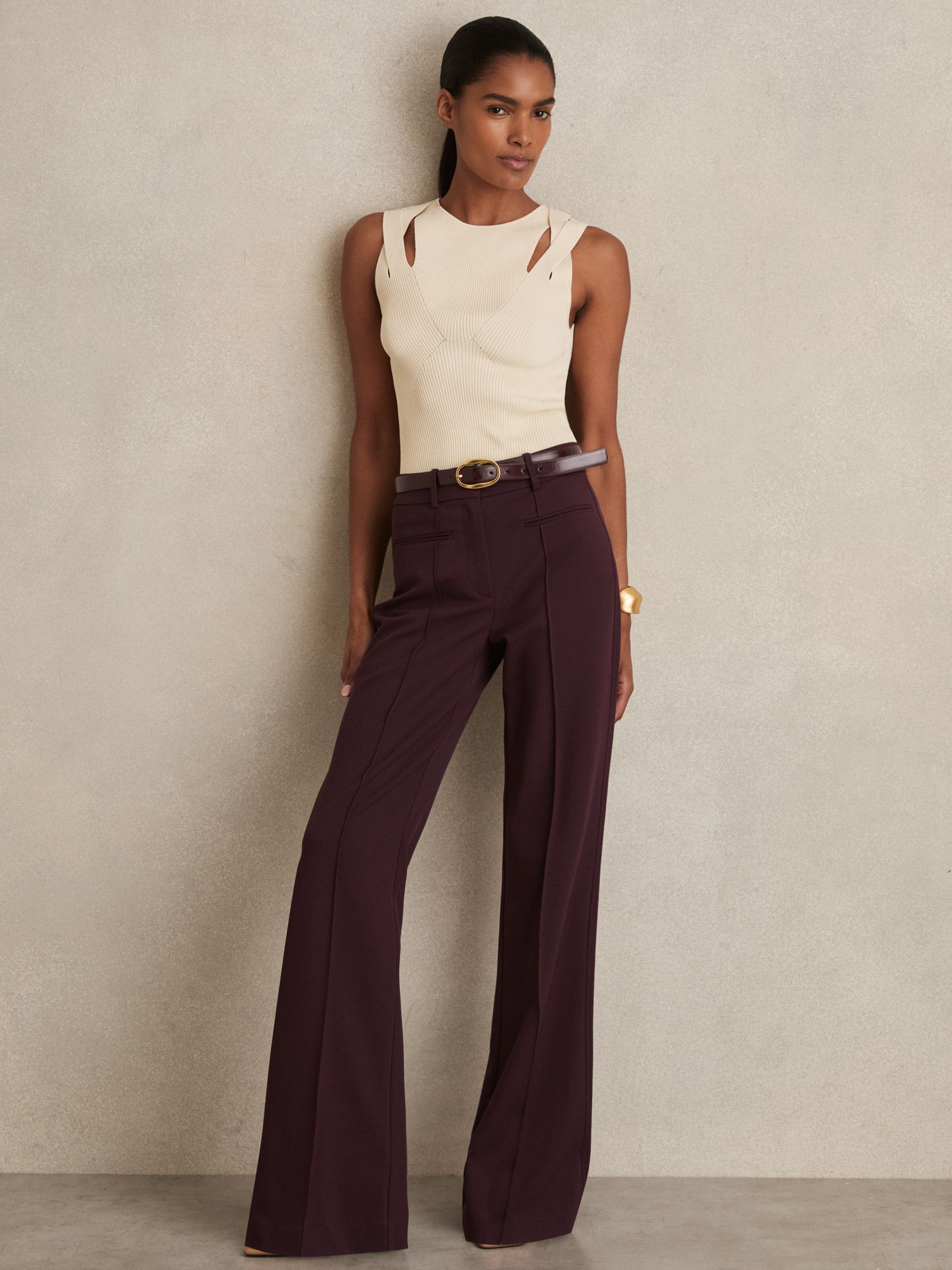 High Rise Flared Trousers in Burgundy