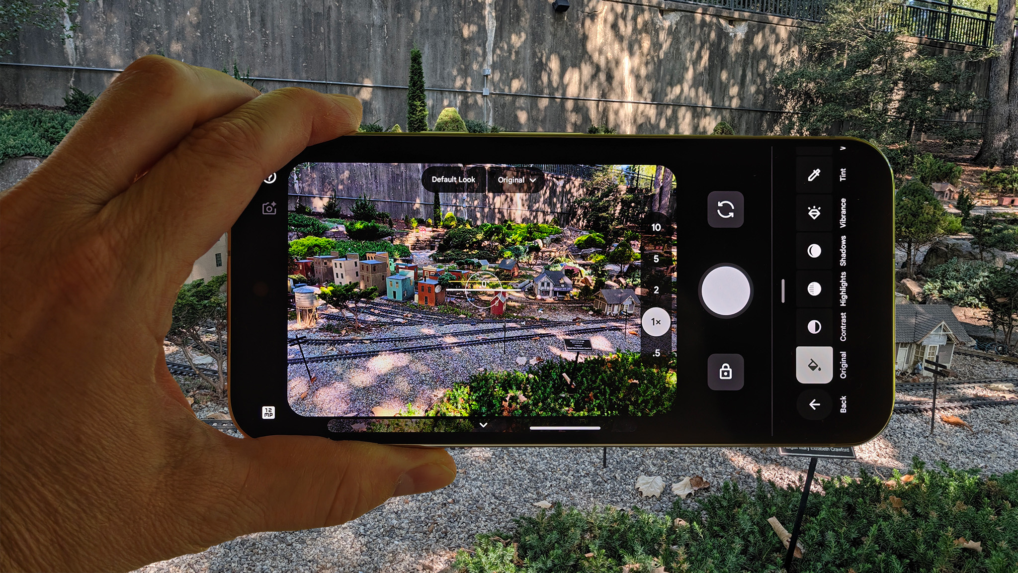 Using the Google Pixel 11 Pro XL's Camera Looks feature to take a picture of a miniature train village