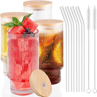 AKONEGE Ribbed Glassware Drinking Glasses with Lid and Straws