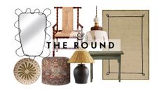 Spanish farmhouse decor, including a whimsical wrought iron wall mirror, ceramic plate, Turkish-print ottoman, woven shade table lamp, woven accent chair, green pedestal table, and Nate Berkus rug