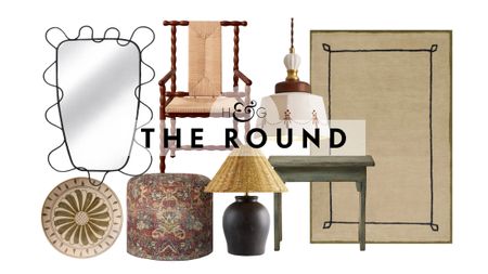 Spanish farmhouse decor, including a whimsical wrought iron wall mirror, ceramic plate, Turkish-print ottoman, woven shade table lamp, woven accent chair, green pedestal table, and Nate Berkus rug