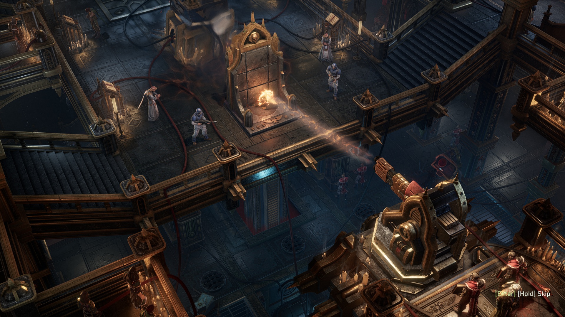 In-game screenshot of the player executing a criminal in Warhammer 40,000: Rogue Trader