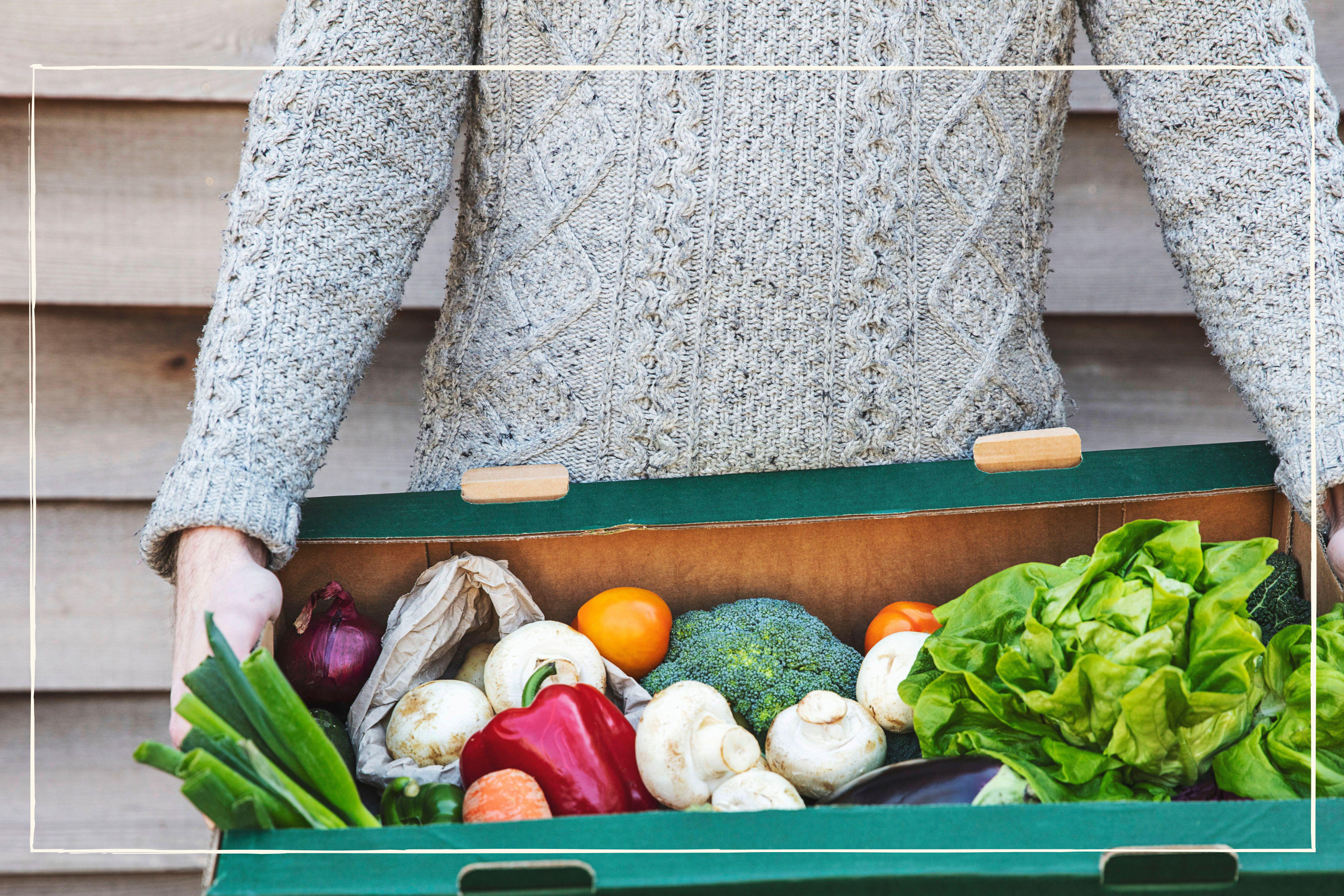 A person wearing a wool jumper and holding a box of organic vegetables 