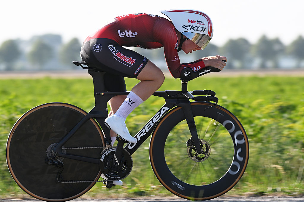 IJZENDIJKE, NETHERLANDS - JULY 15: Sandrine Tas of Belgium and Team Lotto Intermarche Ladies competes during the 12th Baloise Ladies Tour 2026, Prologue a 3.9km individual time trial stage from IJzendijke to IJzendijke on July 15, 2026 in IJzendijke, Netherlands. (Photo by Luc Claessen/Getty Images)