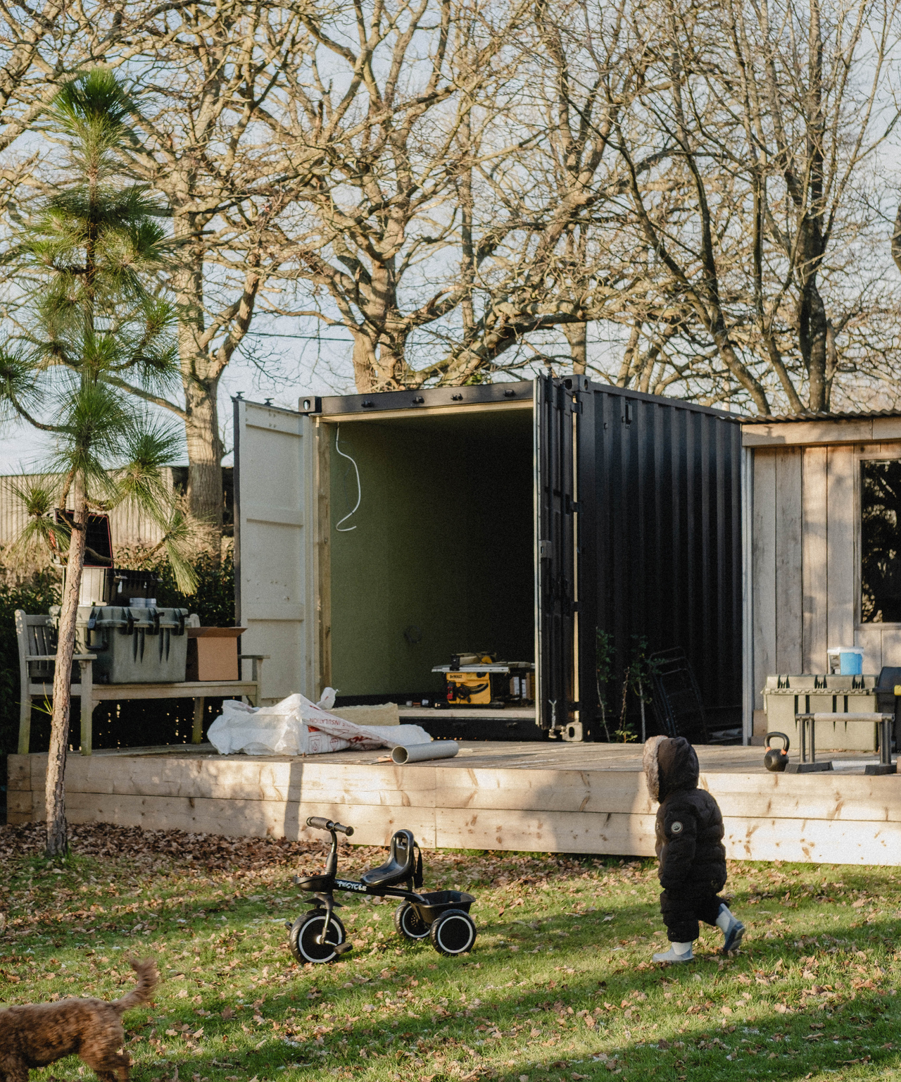 Shipping container with doors open in garden, before it was renovated