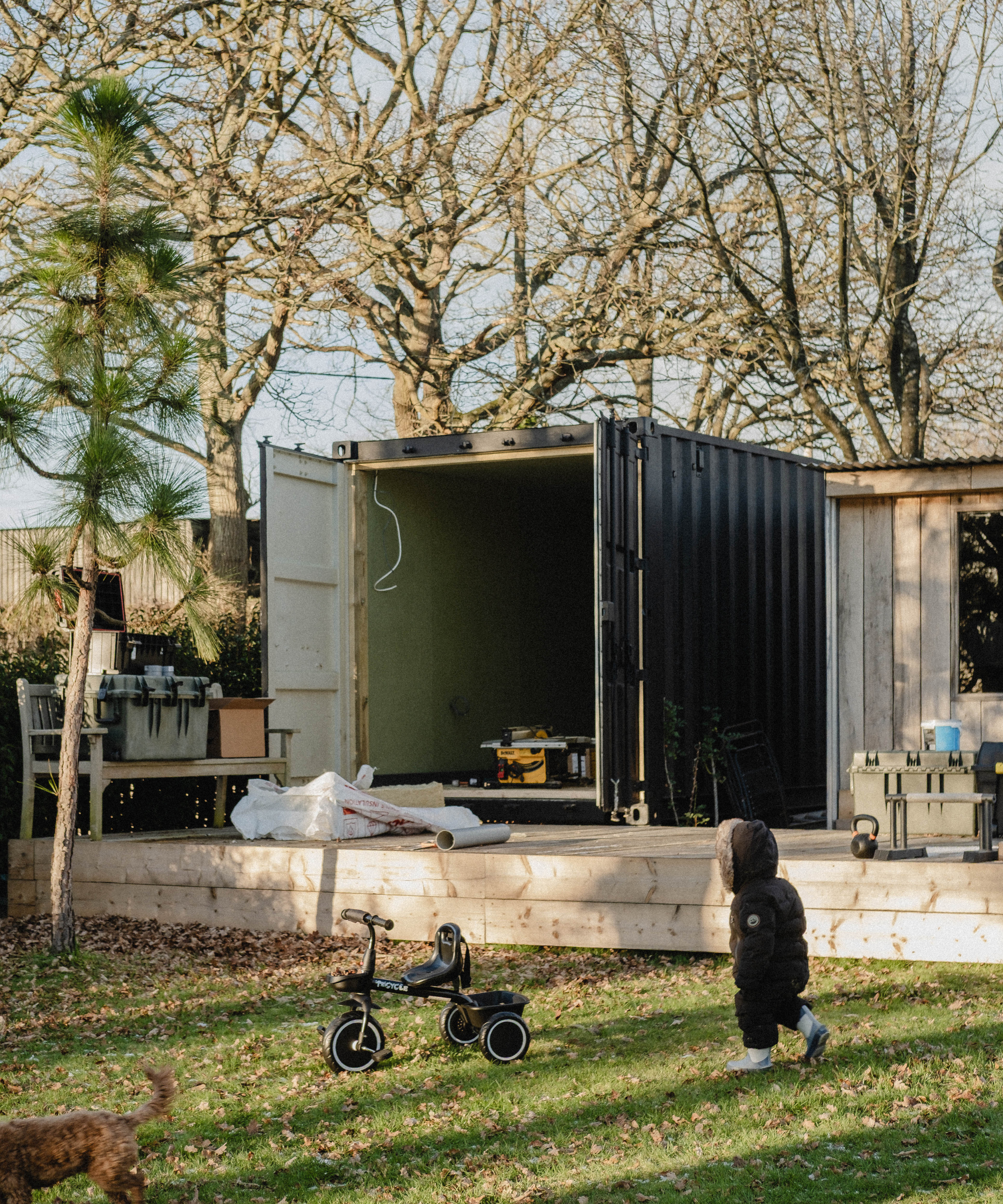 Shipping container with doors open in garden, before it was renovated