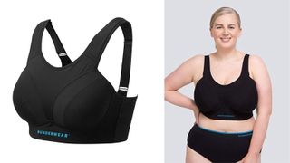 model wearing black running bra and cut out side angle of same bra