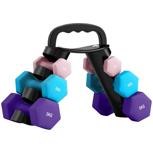 Sportnow Dumbbells Set With Carry Storage Rack, Set of 6 Weights for Home Gym, Kettlebell Training Weight Lifting Exercise, 2 X 1kg, 2 X 3kg, 2 X 5kg, Pink