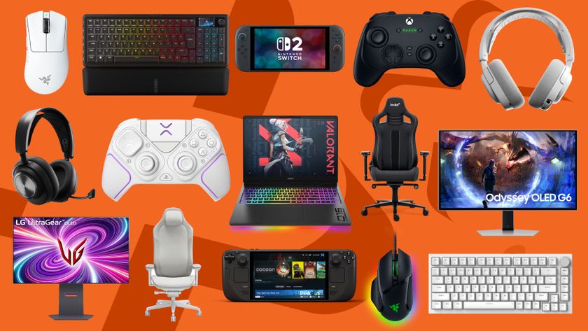Gaming hardware and accessories on an orange background