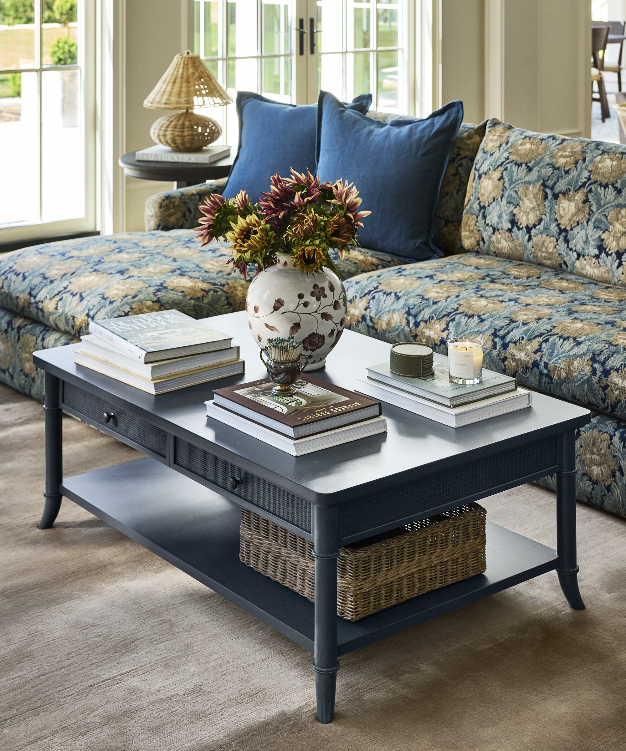 floral sofa in a large living room