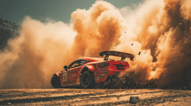 Midjourney car spinning in dirt