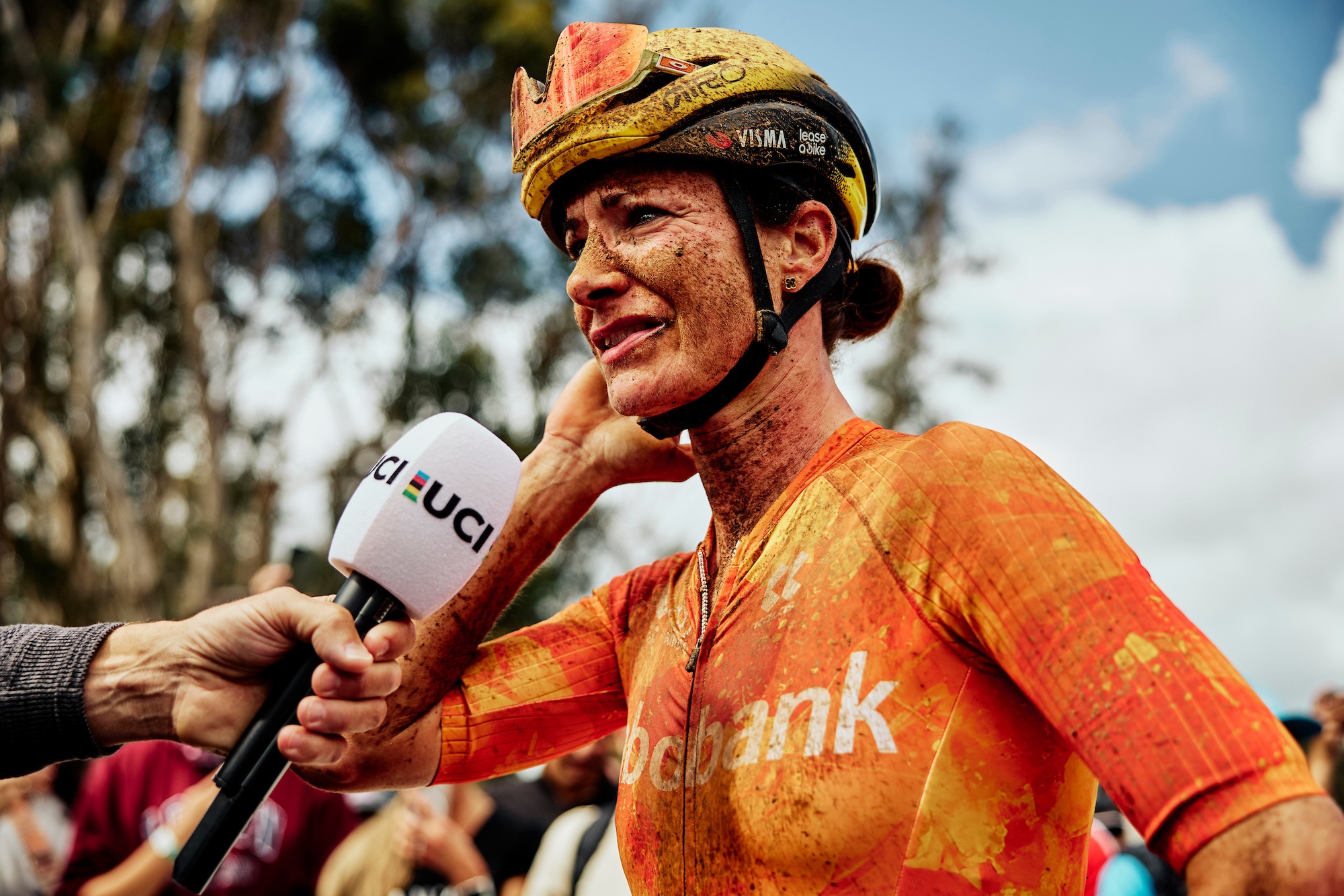 Marianne Vos (Netherlands) speaks to the media after claiming her second gravel world title in Nannup