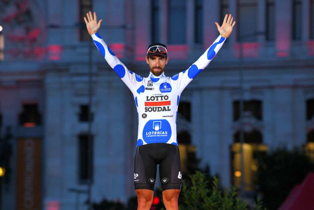MADRID, SPAIN - SEPTEMBER 16: Podium / Thomas De Gendt of Belgium and Team Lotto Soudal Polka Dot Mountain Jersey / Celebration / Madrid Town Hall / Plaza Cibeles / during the 73rd Tour of Spain 2018, Stage 21a 100,9km stage from Alcorcon to Madrid / La Vuelta / on September 16, 2018 in Madrid, Spain. (Photo by Luc Claessen/Getty Images)