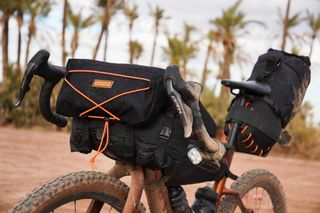 Carbon gravel bike loaded up with bikepacking bags in Morocco
