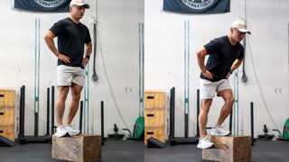 Two images side-by-side showing the start and midway positions of the lateral step down exercise. The model is wearing a blue T-shirt and white baseball cap, shorts and trainers.