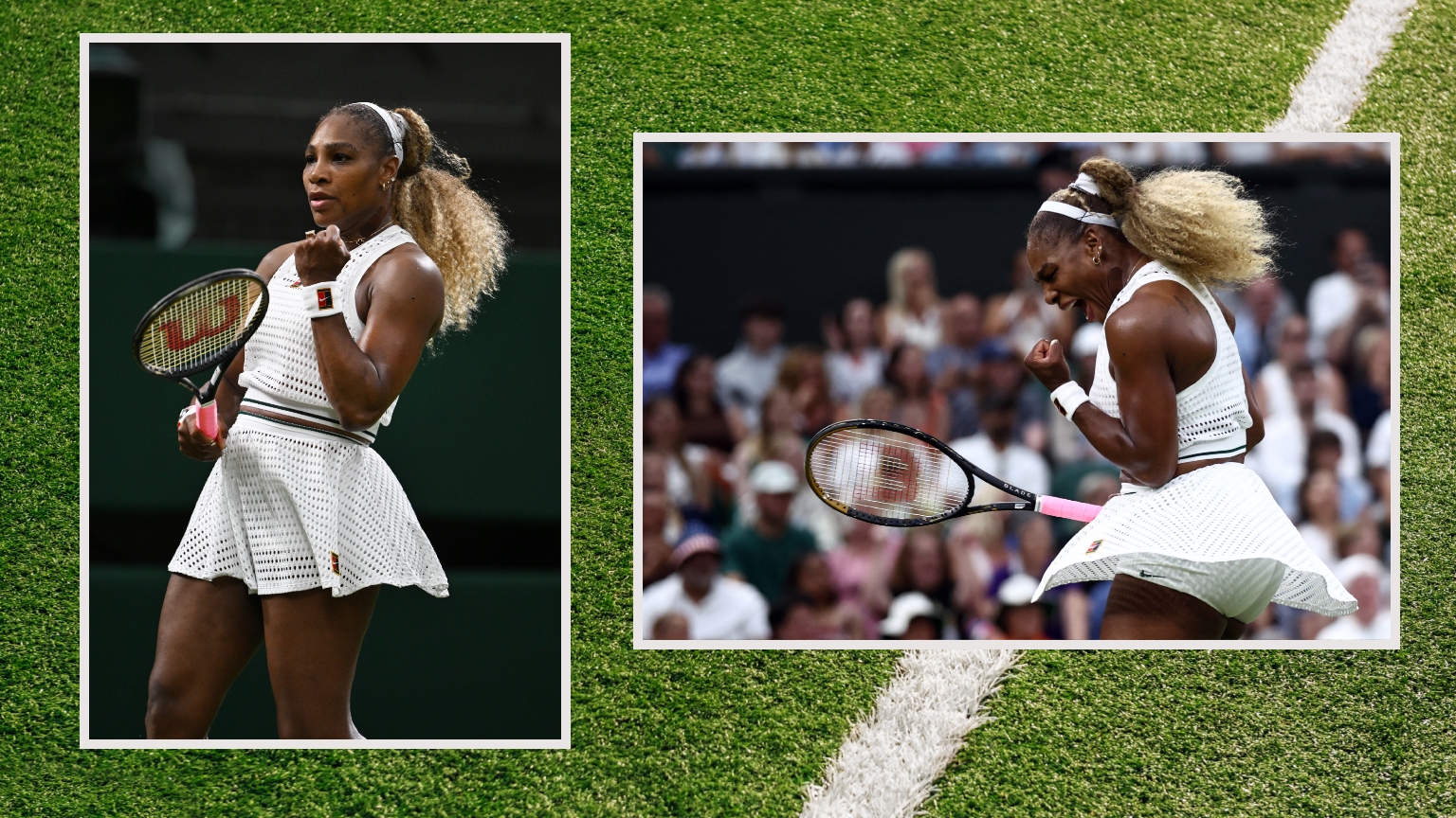 a grassy background with two photos of a black woman in tennis whites