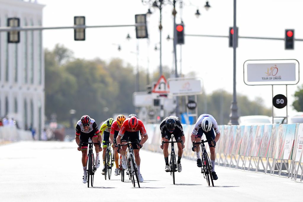 MUSCAT OMAN FEBRUARY 13 LR Rui Alberto Faria Da Costa of Portugal and UAE Team Emirates Kevin Vauquelin of France and Team Arka Samsic Kevin Vermaerke of United States and Team DSM and Mauro Schmid of Switzerland and Team QuickStep Alpha Vinyl sprint to win during the 11th Tour Of Oman 2022 Stage 4 a 1195km stage from Al Sifah to Mucat TourofOman on February 13 2022 in Muscat Oman Photo by Dario BelingheriGetty Images