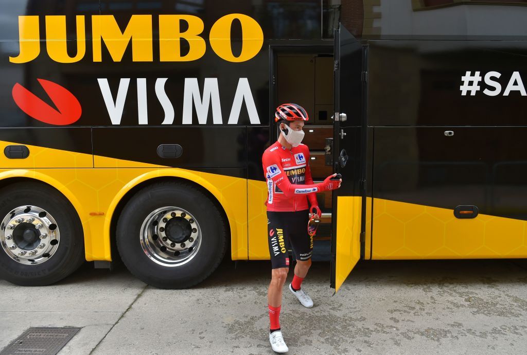 Team Jumbos Slovenian rider Primoz Roglic gets ready for the start of the 3rd stage of the 2020 La Vuelta cycling Tour of Spain a 1661 km race from Lodosa to La Laguna Negra on October 22 2020 Photo by ANDER GILLENEA AFP Photo by ANDER GILLENEAAFP via Getty Images