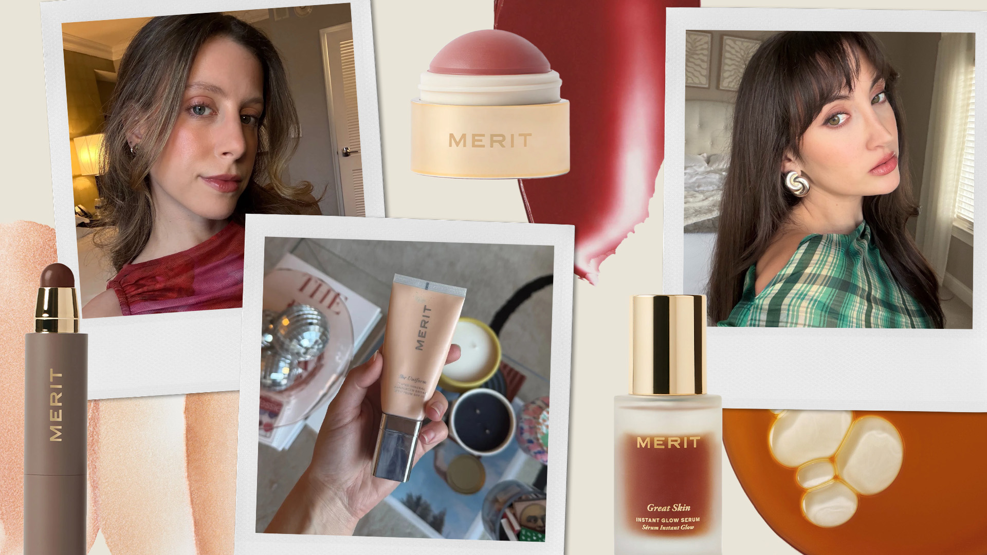 A collage of Merit beauty products scattered around selfies of Who What Wear senior beauty editor Jamie Schneider and associate beauty editor Alyssa Brascia wearing full faces of Merit products.