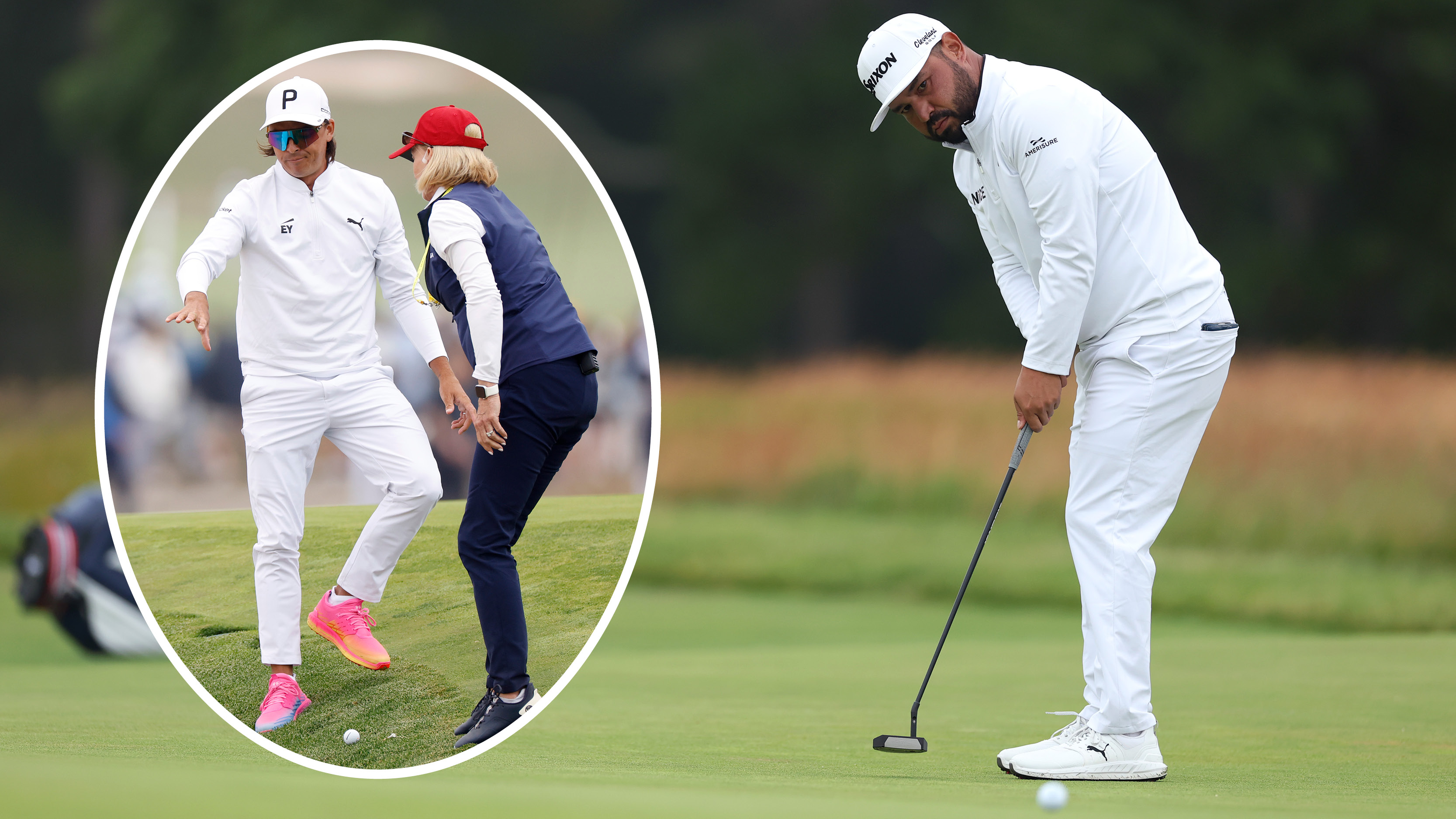 JJ Spaun hits a putt, with Rickie Fowler speaking to a rules official 
