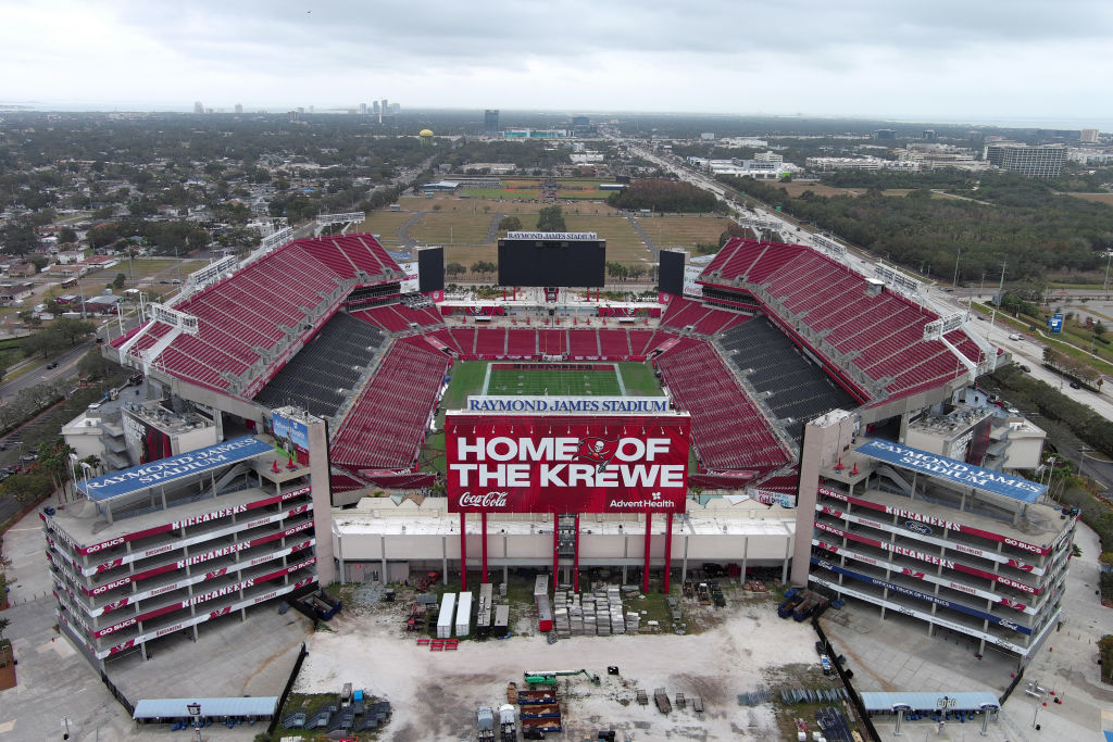 TAMPA, FLORIDA - JANUARY 11: A general overall aerial view of Raymond James Stadium on January 11, 2025 in Tampa, Florida. (Photo by Kirby Lee/Getty Images)
