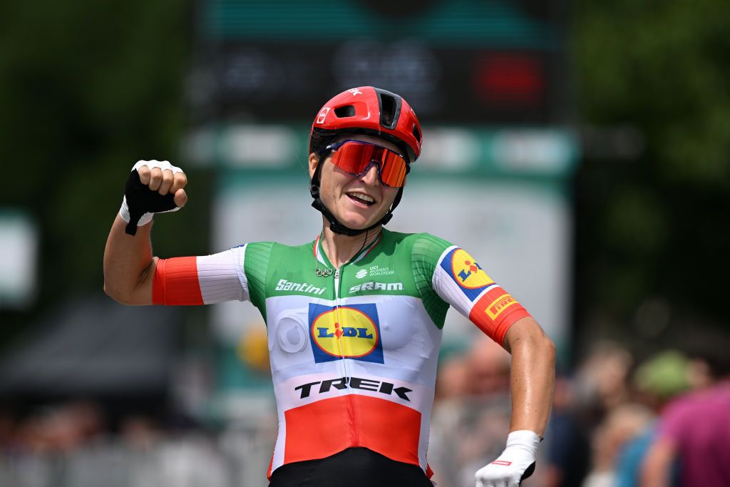 BORGO VAL DI TORO ITALY JULY 03 Elisa Longo Borghini of Italy and Team Lidl Trek celebrates at finish line as stage winner during the 34th Giro dItalia Donne 2023 Stage 4 a 134km stage from Fidenza to Borgo Val di Toro UCIWWT on July 03 2023 in Borgo Val di Toro Italy Photo by Dario BelingheriGetty Images