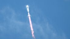 SpaceX's Starship lifting off from Starbase, Texas, as seen from South Padre Island on August 26, 2025.