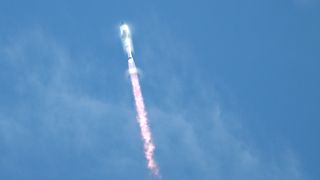 SpaceX's Starship lifting off from Starbase, Texas, as seen from South Padre Island on August 26, 2025.