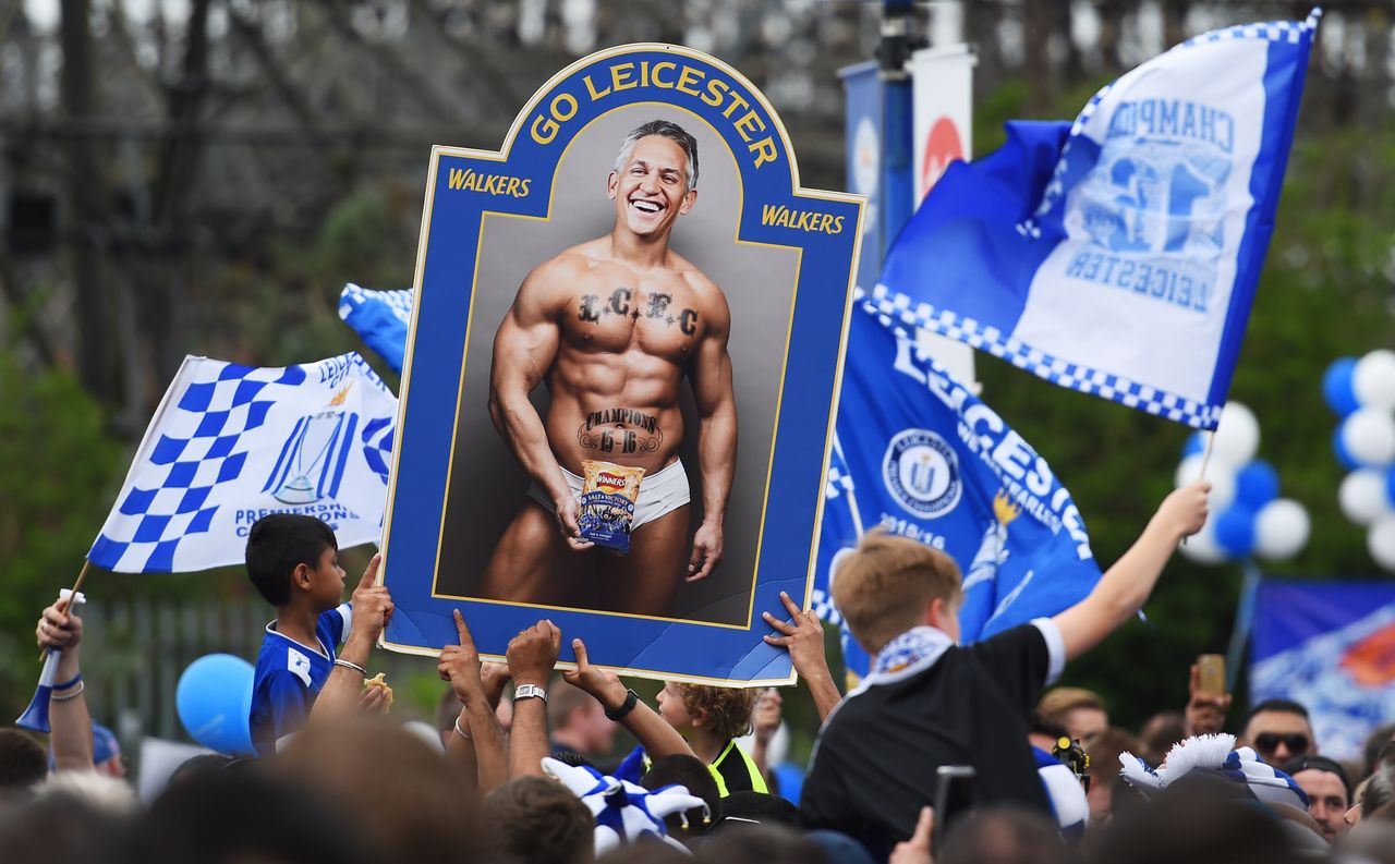 LEICESTER, ENGLAND - MAY 07:Leicester fans hold a poster displaying the image of former Leicester footballer Gary Lineker in his underwear, in relation to the TV presenter's promise to presen