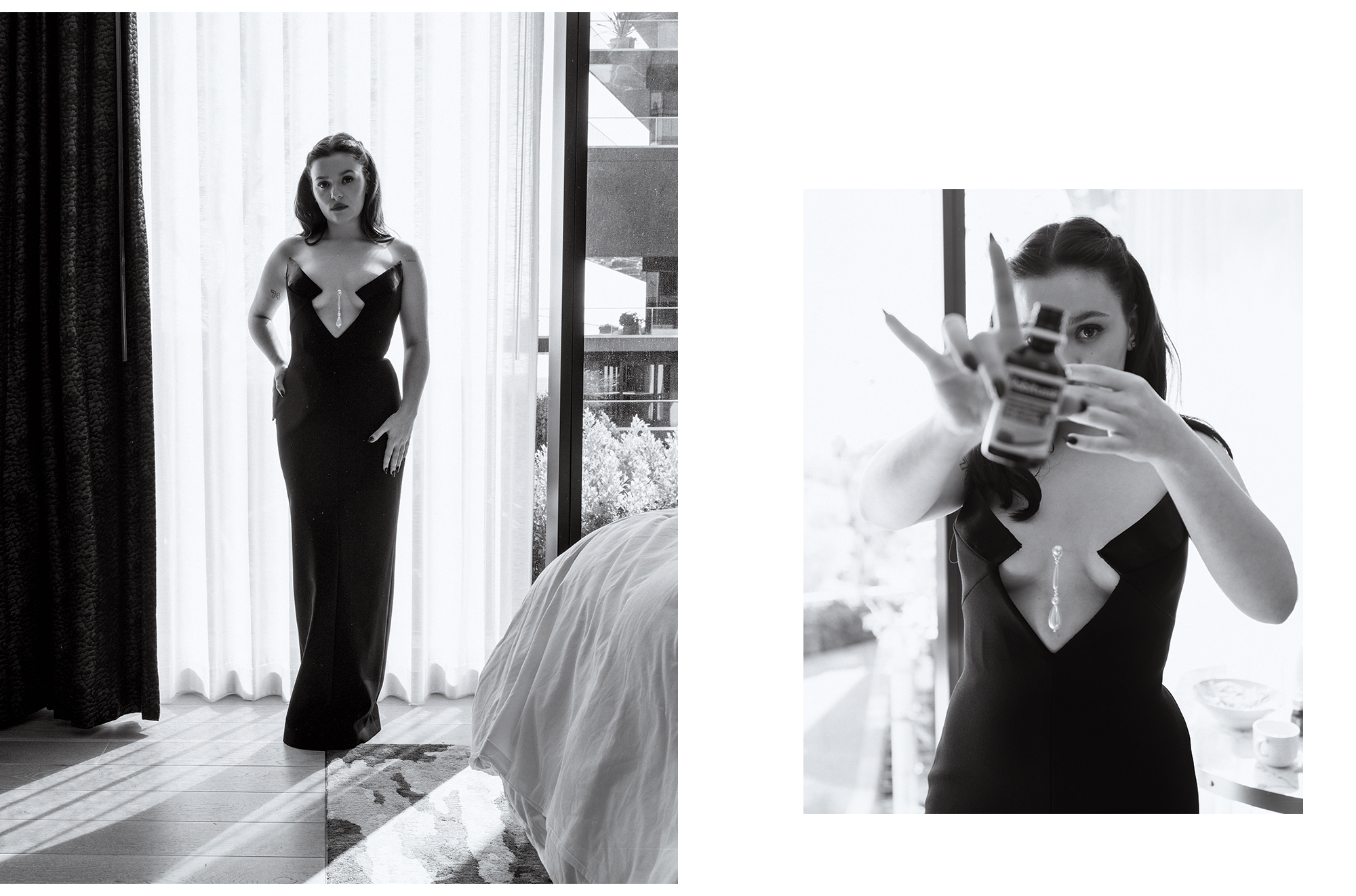 On the left, actress Maisy Stella stands in front a hotel window wearing her final look for the Critics Choice Awards, a Pamella Roland black column gown with cutout and pearl features. On the right, Stella takes a shot of Robitussin.