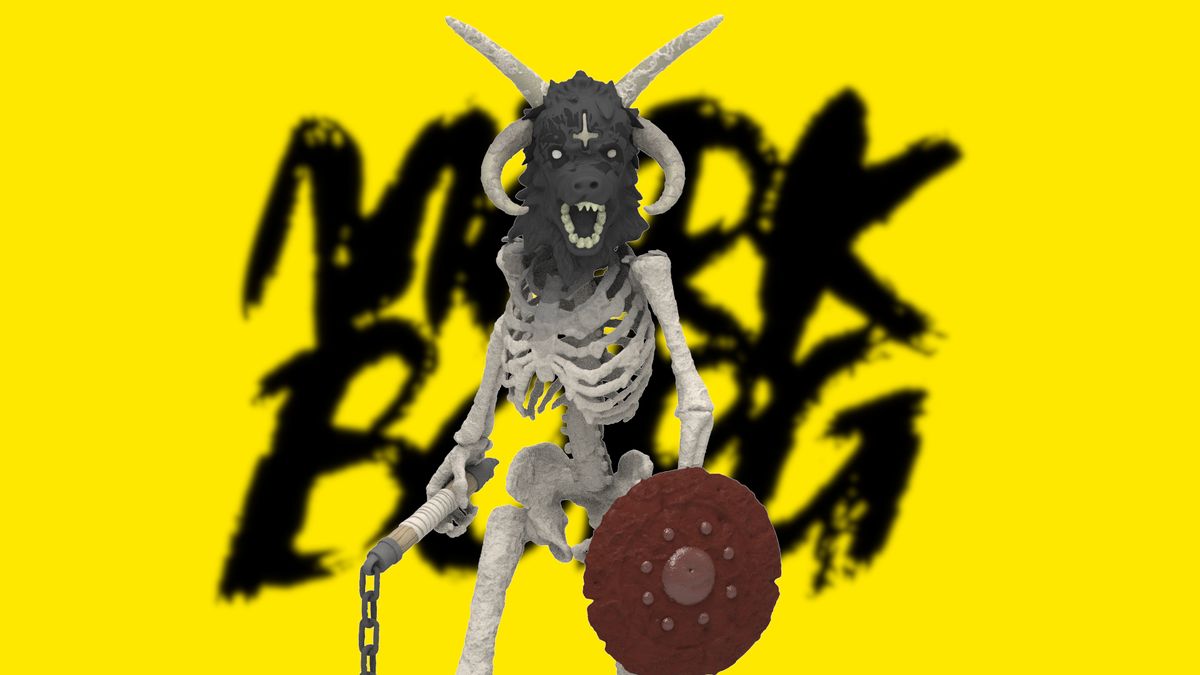 The Mork Borg action figure against the game&#039;s logo and iconic yellow background