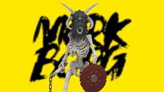 The Mork Borg action figure against the game's logo and iconic yellow background