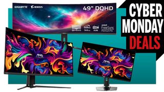 OLED monitors with a cyber monday banner