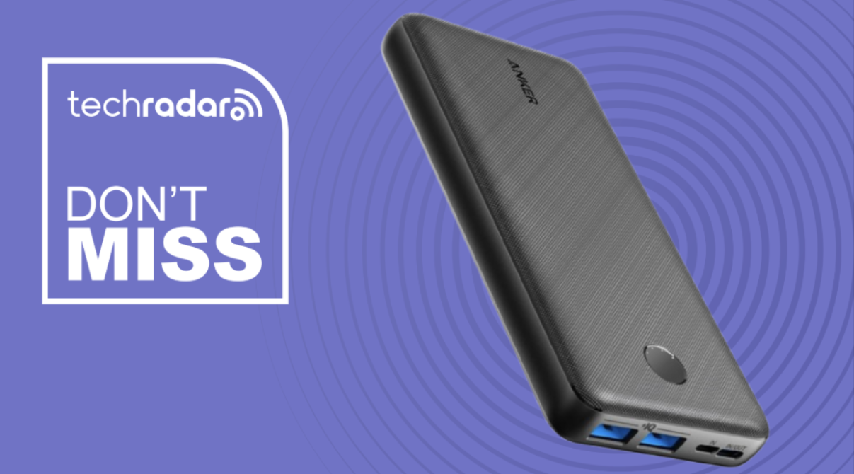 Anker PowerCore portable power bank on a purple background next to a TechRadar badge reading 'Don't Miss'
