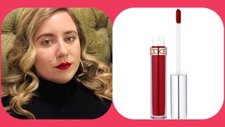 Christina pictured wearing red lipstick alonside a lipstick from Anastasia Beverly Hills